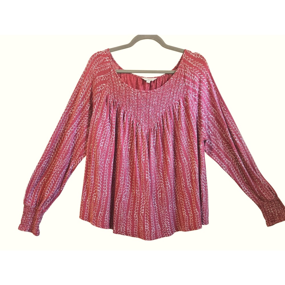 Lucky Brand Womens L Persimmon Chevron Print Smocked Peasant Blouse Long Sleeve